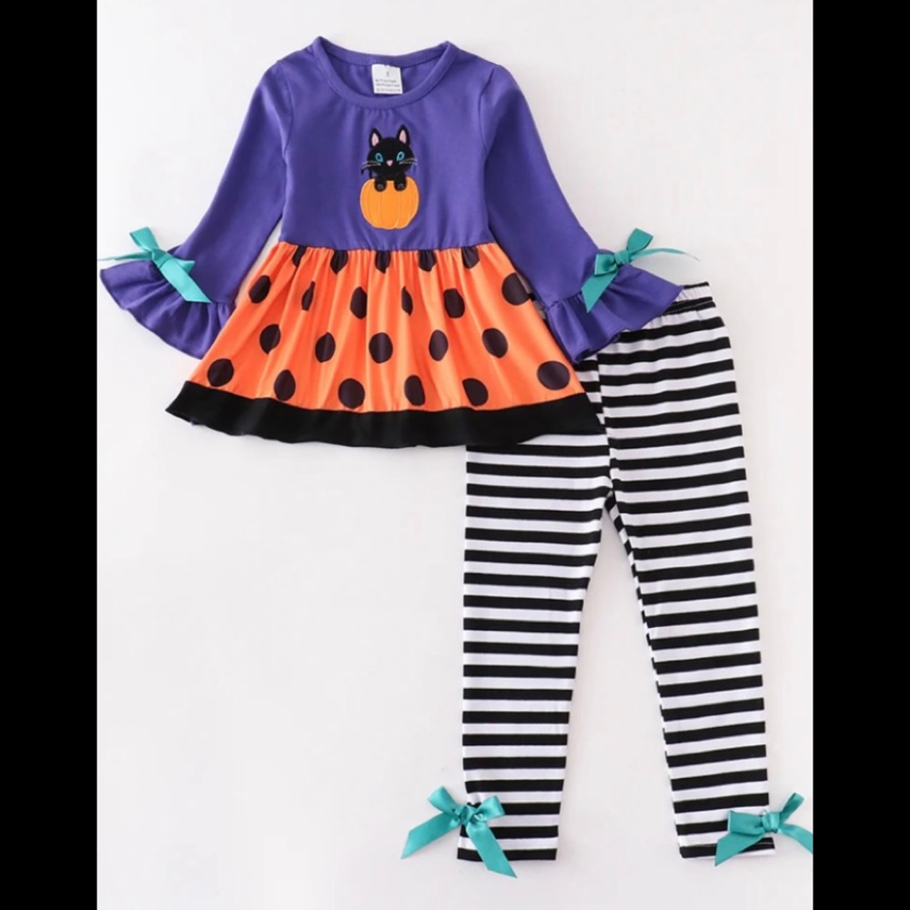 Halloween Cat Appliqué Ruffle Stripe Pant Set
